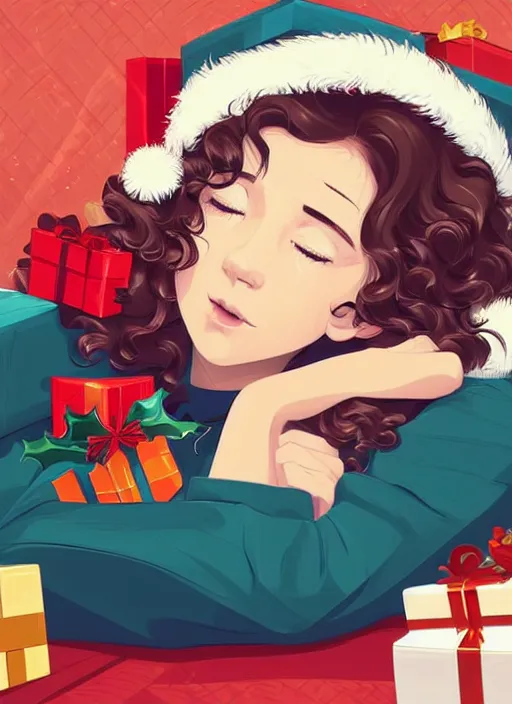 Prompt: a thirteen year old with short wavy curly hair, asleep at christmas. surrounded by gifts. high quality detailed face. clean cel shaded vector art. shutterstock. behance hd by lois van baarle, artgerm, helen huang, by makoto shinkai and ilya kuvshinov, rossdraws, illustration, art by ilya kuvshinov