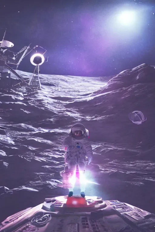 Image similar to trap music concert on the moon, astronaut rave, glowsticks dramatic lighting, cinematic, establishing shot, extremely high detail, foto realistic, cinematic lighting, post processed, concept art, high details, cinematic, 8k resolution, beautiful detailed, photorealistic, digital painting, artstation, concept art, smooth, sharp focus, artstation trending, octane render, unreal engine