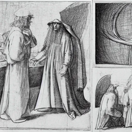 Image similar to sketches of Leonardo DaVinci explaining Stable Diffusion