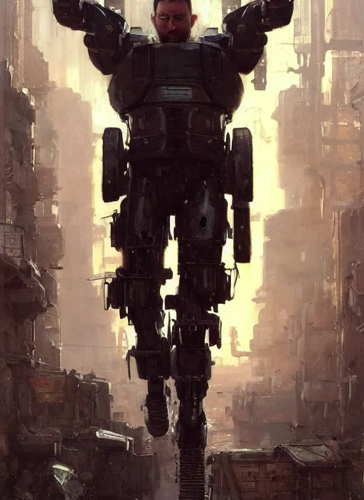 Image similar to weightlifter with super large robot arms. cyberpunk mercenary in a military vest ( blade runner 2 0 4 9, cyberpunk 2 0 7 7 ). orientalist portrait by john william waterhouse and james gurney and theodore ralli and nasreddine dinet, oil on canvas. cinematic, hyper realism, realistic proportions, dramatic lighting, high detail 4 k