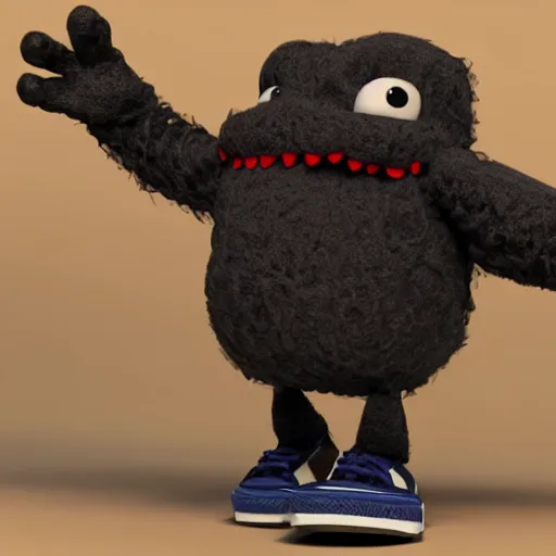 Prompt: a friendly monster wearing a scarf and a pair of vans, 3 d render