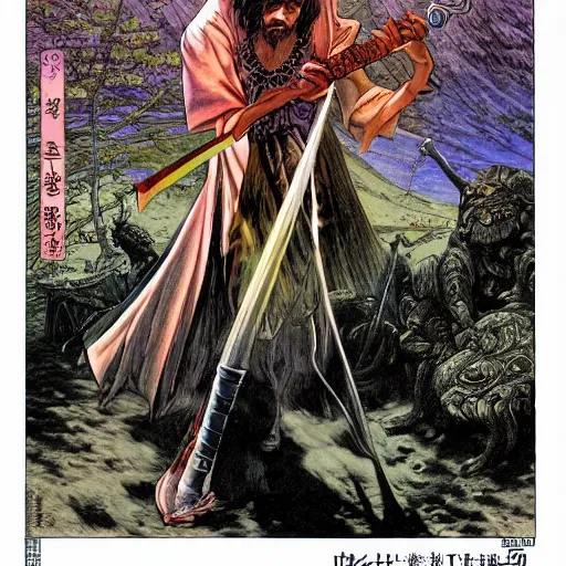 Image similar to Frank Zappa golden Vagabond magic swordsman glides through a beautiful battlefield magic the gathering dramatic esoteric pen and ink illustrated in high detail by Hiroya Oku, Moebius, and Tatsuki Fujimoto shonen jump 2002