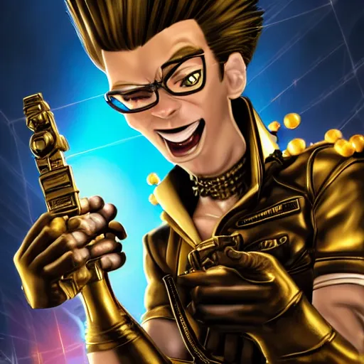 Prompt: hyperrealistic portrait of gothic cyberpunk jimmy neutron holding a golden machine gun, 4 k, highly detailed, beautifully rendered