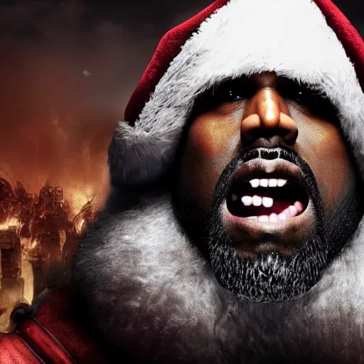 Image similar to Kanye West as santaclaus in 'Gears of War', splash art, movie still, cinematic lighting, detailed face, dramatic, octane render, long lens, shallow depth of field, bokeh, anamorphic lens flare, 8k, hyper detailed, 35mm film grain