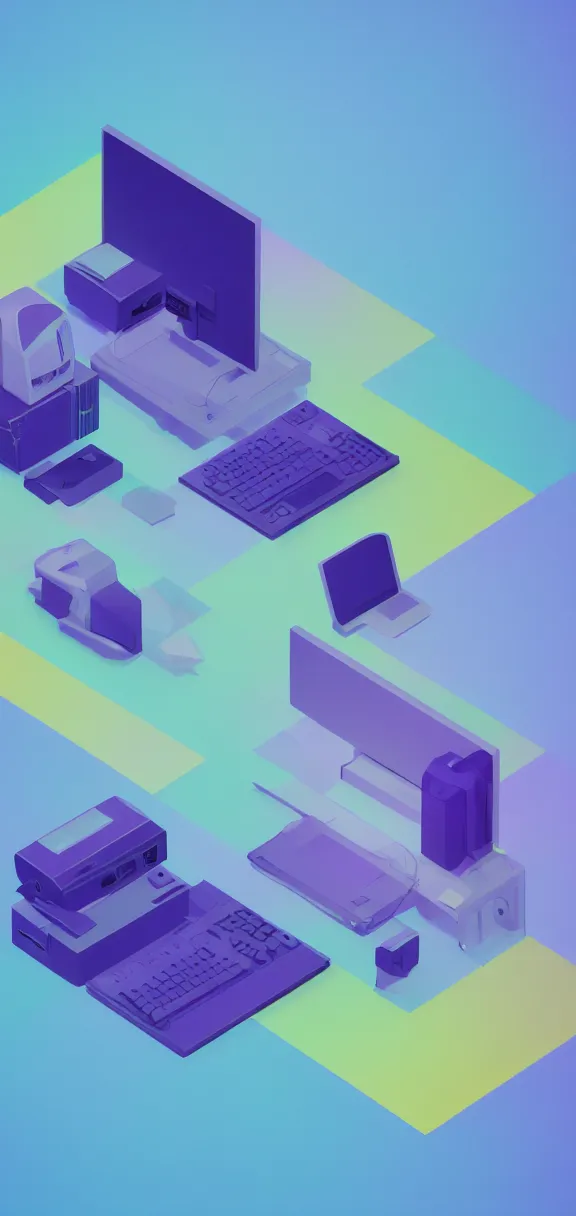 Prompt: isometric 3 d render of a computer, light blue, purple, light green, light yellow gradient background concept art by sylvan sarrailh