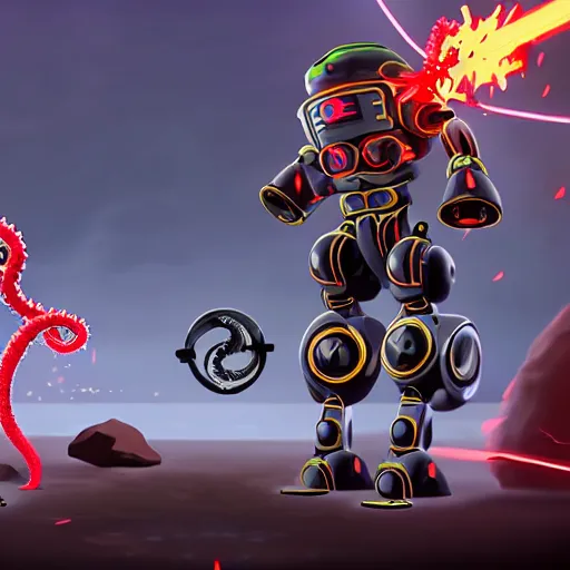 Image similar to an epic cinematic battle between a wizard and an evil tentacle ai robot