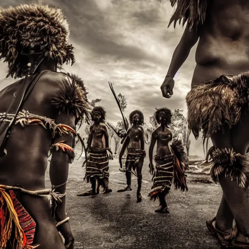 Image similar to detailed 4 k photorealistic papuan tribe walk in detailed new york in the style of nick ut and eddie adams and margaret bourke and yousuf karshs and alfred eisenstaedt