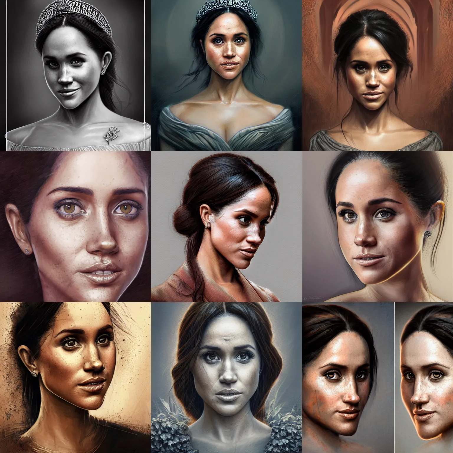 Prompt: An extremely detailed matte painting of a bust of Meghan Markle with highly detailed eyes, by android jones and greg rutkowski, Trending on artstation, hyperrealism, elegant, stylized, highly detailed digital art, 8k resolution, hd, rendered in octane, oil on canvas