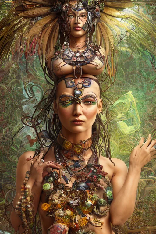 Image similar to cyberpunk aztec goddess in a zen rock garden, by Peter Kemp, by Artgerm, autumn, glamorous hairstyle, vermont fall colors, wearing translucent earthtone fashion, art nouveau by Brian Froud, berries, cosmic, gnostic, sacred geometry, glowing cybernetics, by Alphonse Mucha, highly detailed concept painting with cinematic lighting, trending on art station