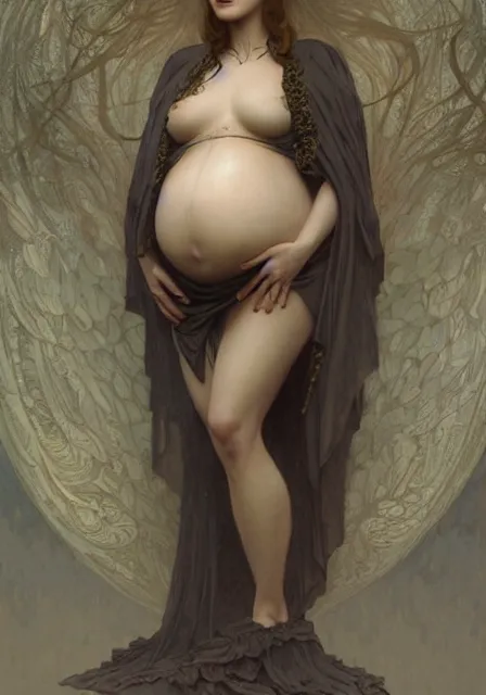 Image similar to pregnant sansa creepy monster, intricate, elegant, highly detailed, digital painting, artstation, concept art, smooth, sharp focus, illustration, art by artgerm and greg rutkowski and alphonse mucha and william - adolphe bouguereau