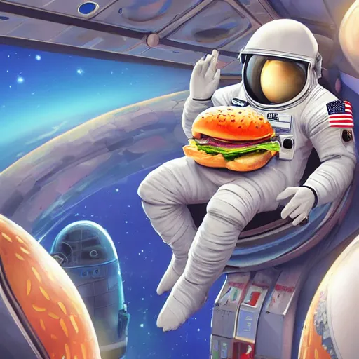 Image similar to a humanoid chicken!!!!! astronaut trying to eat a burger while floating inside of a space station, trending on artstation, cgsociety contest winner, 4 k quality, digital art, anime style, studio ghibli!!!!!