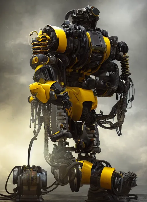 Image similar to a photorealistic dramatic hyperrealistic render of a futuristic exosuit power loader heavy machinery, ultra realistic details, glossy yellow, well worn, rust, oil stains by vitaly bulgarov and mike nash, beautiful dramatic dark moody tones and lighting, cinematic atmosphere, studio lighting, global illumination, shadows, dark background, octane render, 8 k