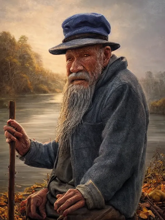 Image similar to realistic renderings portrait of very old fisher man portrait with a hat, wearing a fisher 🧥, coloured wears, ( ( ( ( ( a bird in the sky ) ) ) ) ) ponton port scene background, astonishing scenes, detailed, photorealism, volumetric lighting, autumn lights colors, ultra detailed