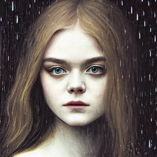 Prompt: a striking esoteric painting of Elle Fanning in the rain, dark, metal, black background, occult, by John William Waterhouse