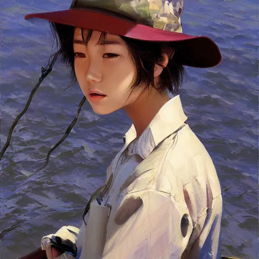 Prompt: oil painting by ilya kuvshinov,, chad knight, artgerm craig mullins, coby whitmore, of a youthful japanese girl, long hair, fishing and wearing fisherman's outfit, fisherman's hat, highly detailed, breathtaking face, studio photography, noon, intense bounced light, water reflection, large tree casting shadow, serine intense sunlight