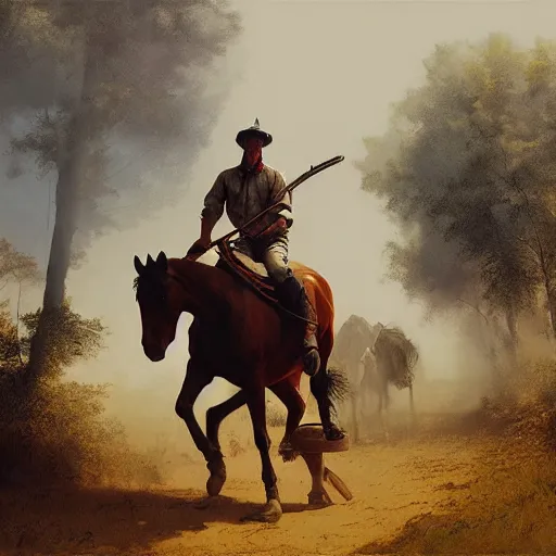 Image similar to the man is carried by the horse, hyperrealism, no blur, 4 k resolution, ultra detailed, style of ron cobb, adolf hiremy - hirschl, syd mead, ismail inceoglu, rene margitte