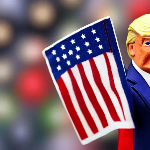 Image similar to a toy figure of donald trump holding usa flag