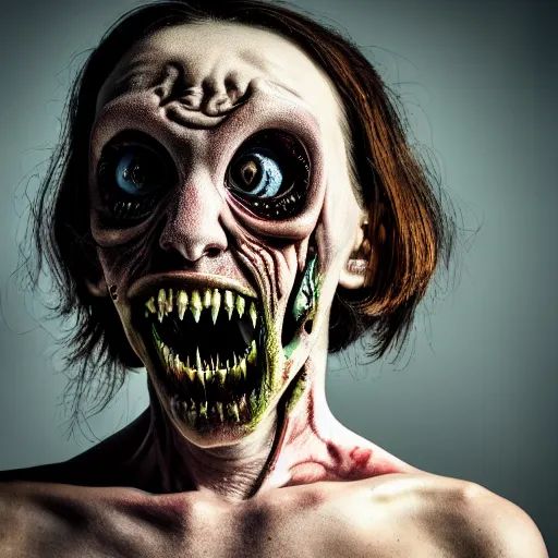 Image similar to artistic photoshoot of a mothan hybrid, grotesque, body horror, mutant shaming, creepy, terrifying, 8 k hdr 8 0 mm wide angle portrait