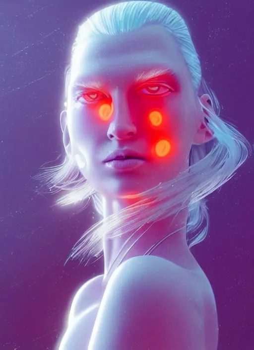 Image similar to a cool looking scandinavian female humanoid with freckled cheeks, cyber neon lighting, futurism, intricate futuristic jewelry accessories, cyberpunk glossy white latex swimsuit, profile posing, hyper photorealistic, crispy quality, digital photography, trending in artstation, trending in pinterest, cinematic, 4 k ultra hd, art by pascal blanche, art by greg rutkowski,