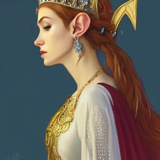 Prompt: side portrait of very beautiful elf, wearing a cloak, jeweled golden crown, white dress, long hair, headshot, hyper realistic, pale skin, bright red hair, 4k, rule of thirds, extreme detail, detailed drawing, trending artstation, hd, fantasy, D&D, realistic lighting, by Alphonse Mucha, Greg Rutkowski, sharp focus, backlit, elegant