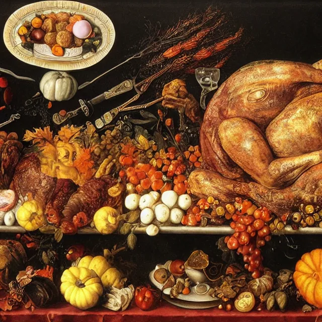 Prompt: victorian thanksgiving supper, black background, still life by giuseppe arcimboldo, vanitas, intricate high detail masterpiece