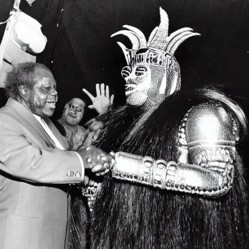 Image similar to sun ra shaking hands with a giant humanoid hairy spider