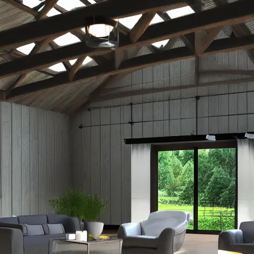 Image similar to interior view of modern futuristic farm barn architecture and interior design, lounge chairs, sofas, cows, chickens, pigs, wall art, detailed luminescent oil painting 4 k