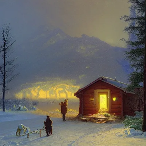 Image similar to The gateway into winter, cottagecore, by Simon Stålenhag and Albert Bierstadt, oil on canvas