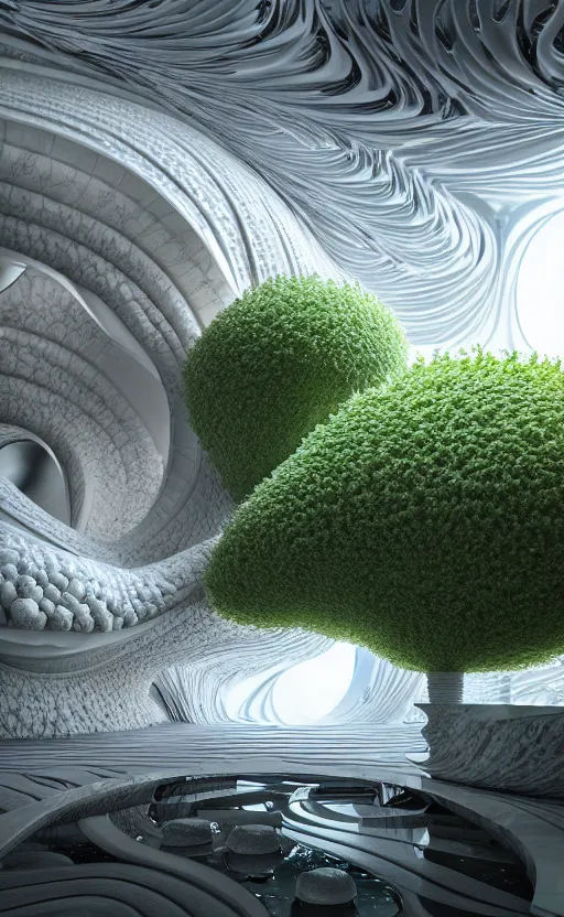 Image similar to highly detailed ultra sharp 3 d render cinematic composition of a smooth ceramic porcelain magnolia stone nebula fluid fractal sci - fi surreal architecture landscape, metallic, white marble, foliage, vincent callebaut composition, mamou - mani, archviz, beautiful lighting, 8 k, unreal engine, hdr,