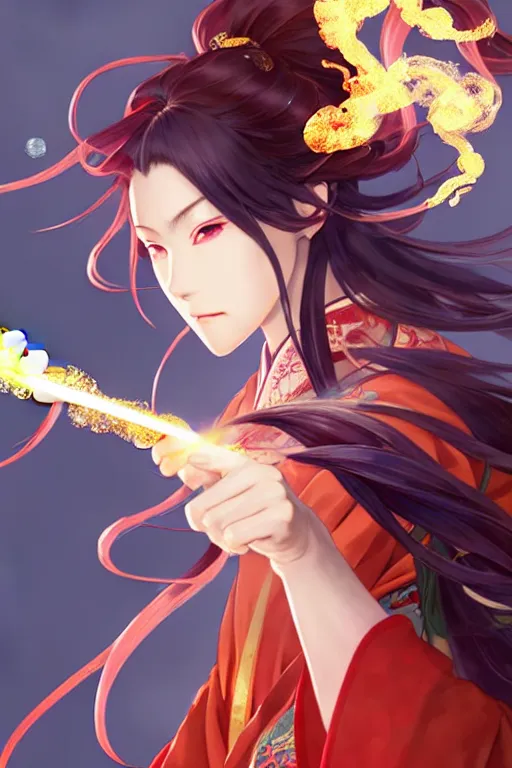 Prompt: beautiful attrative face female kimono gunslinger with fire sparkling and smoke around her, light flowing hair, anime key visual, absurdly beautiful, highly detailed, sharp focus, concept art, granblue fantasy, anime by serafleur / d pin / rongzhen luo / mingdosa / ruan jia / gemi ningen