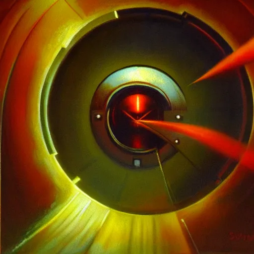 Prompt: a les edwards sci - fi style sci - fi ray gun, oil on canvas, smooth, sharp focus, vibrant volumetric natural light.