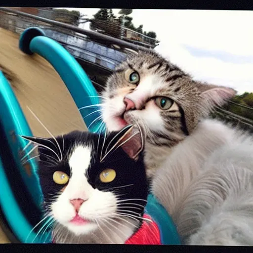 Image similar to selfie of a cat riding a roller - coaster