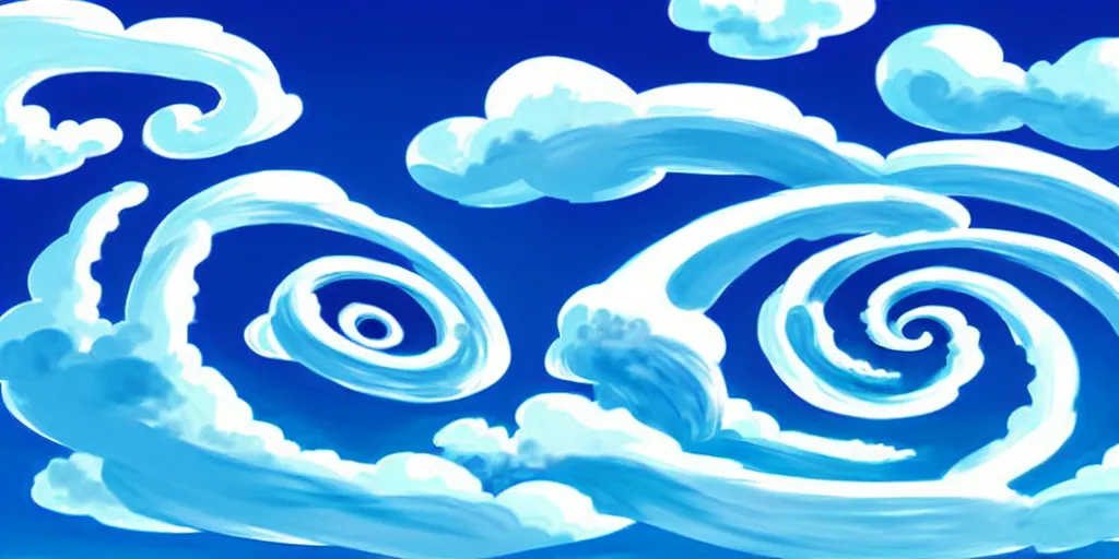 Image similar to cartoon concept art, clean blue sky, spiral clouds, from the hortons