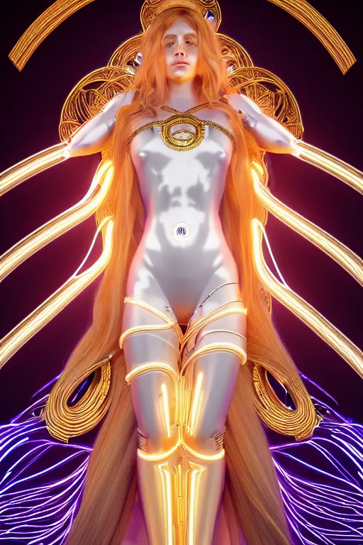 Prompt: symmetrical feminine cyborg goddess rendered in Octane, elegant and ornate futuristic silk robes, held aloft by thousands of glowing wires, glowing white neon eyes, platinum and golden flowing long hair, art by Artgerm and Alphonse Mucha, hyperrealism, full body photorealistic shot, digital render, cinematic lighting ornate jewelry, 8k resolution, masterpiece work