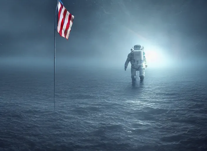 Image similar to astronaut holding a flag in an underwater desert. a submarine is visible in the distance. dark, concept art, cinematic, dramatic, atmospheric, 8 k, trending on artstation, blue, fish, low visibility, fog, ocean floor, christopher nolan, interstellar