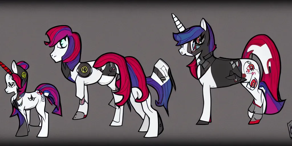 Prompt: Fallout Equestria Project Horizons | Blackjack Character Concept Art | White MLP Unicorn Mare with red and black shaggy hair, and bright, robotic eyes. | Cutie Mark is: Ace and Queen of Spades | Trending on ArtStation, Digital Art, MLP Fanart, Fallout Fanart