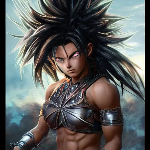 Image similar to warrior girl, muscular girl, wild spiky black saiyan hair, long spiky hair, electrified hair, insane hair, ultra realistic, intricate details, highly detailed, subsurface scattering, photorealistic, octane render, 8 k, art by artgerm, greg rutkowski, magali villeneuve, alphonse mucha