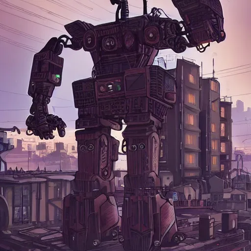 Prompt: a giant robot corpse repurposed to house a booming city in its hull, set in the distant future, steampunk, cyberpunk, warm lights, anime, vhs distortion