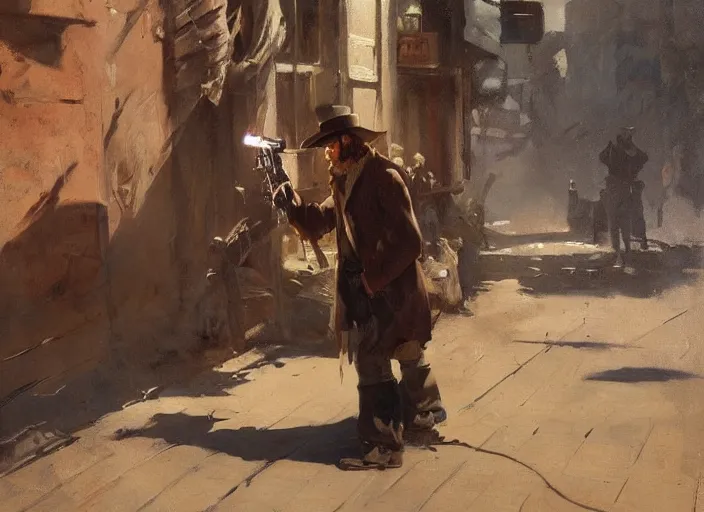 Image similar to oil painting of old rugged cowboy in wild west street aiming his gun, shooting revolver, shoot gun, gun smoke, art by anders zorn, wonderful masterpiece by greg rutkowski, beautiful cinematic light, american romanticism by greg manchess, reflections in copper, sunlight, dust and steam