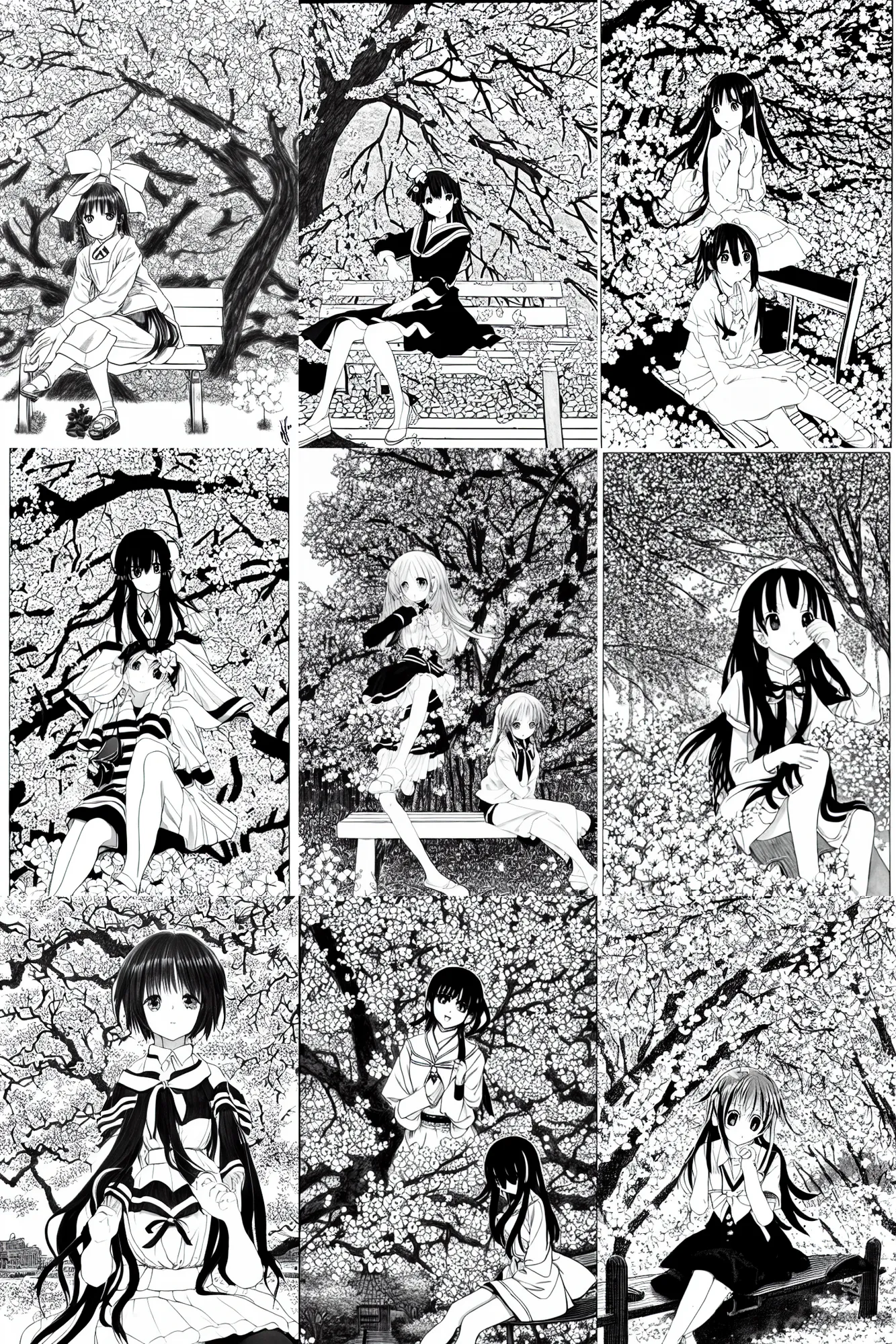 Prompt: black and white manga page, highly detailed pen, shoujo romance, girl with long dark hair, sailor uniform, sitting on bench, cherry blossom tree in background with petals floating, drawn by Atsushi Ohkubo