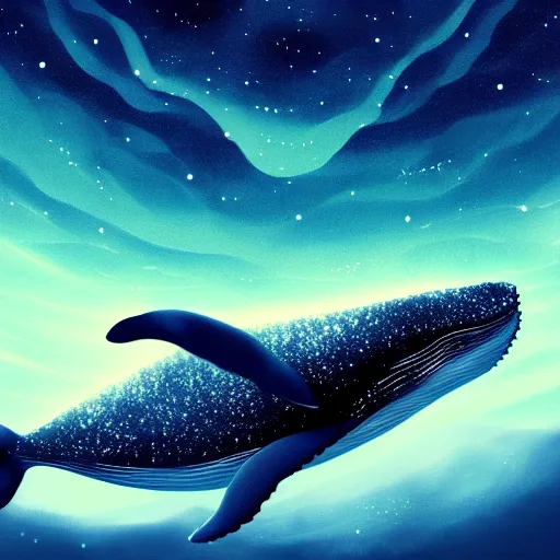 Image similar to portrait of whale swimming on a night sky, swimming across the universe, oniric, dreamy, beautiful, highly detailed, cinematic, trending on artstation