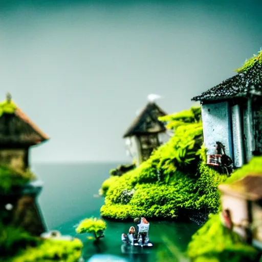 Image similar to macro photo of a miniature secret hidden world with tiny buildings and people invaded by giant ants