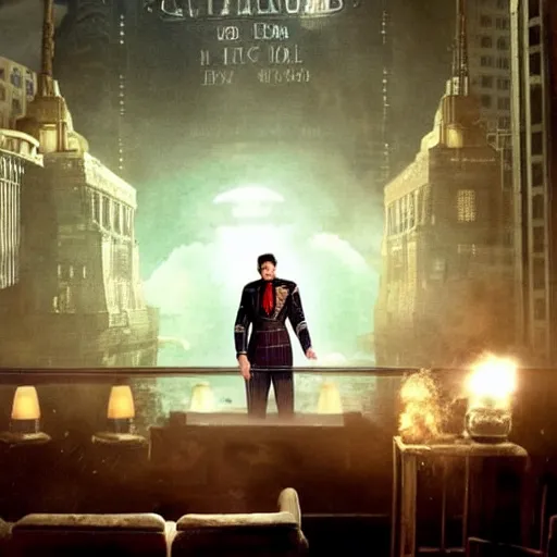 Image similar to screen capture from a live - action bioshock movie. andrew ryan, played by evan peters, is shown standing in an turn of the century style office front of an immense window looking out into the underwater city of rapture. the lights of the city are shining in the distance and an abundance of sea life is shown.