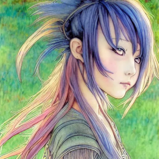 Prompt: Cute young girl in anime style with rainbow hair in the style of Arthur Rackham, pixiv, pinterest anime, art by Steve Hanks, art by Alyssa Monks, endless summer art, realistic, wide focus, 8k ultra, insanely detailed, intricate, elegant, art by Laurie Lipton, digital art by James Clyne, art by Steve Hanks