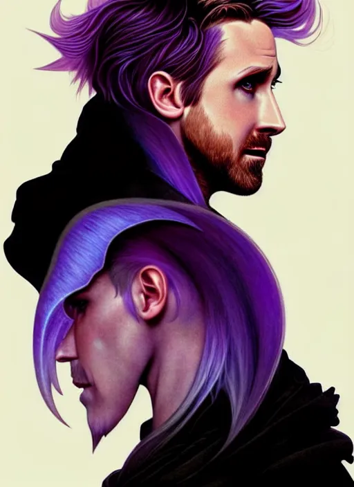 Image similar to side portrait Ryan Gosling as dark witch, adventurer outfit large cloak, fantasy forest landscape, dragon scales, fantasy magic, undercut hairstyle, short purple black fade hair, dark light night, intricate, elegant, sharp focus, illustration, highly detailed, digital painting, concept art, matte, art by WLOP and Artgerm and Greg Rutkowski and Alphonse Mucha, masterpiece