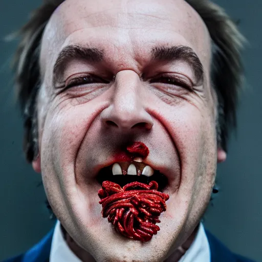 Image similar to saul goodman eating spaghetti, ( sony a 7 r iv, symmetric balance, polarizing filter, photolab, lightroom, 4 k, dolby vision, photography awardm, voque, perfect face )