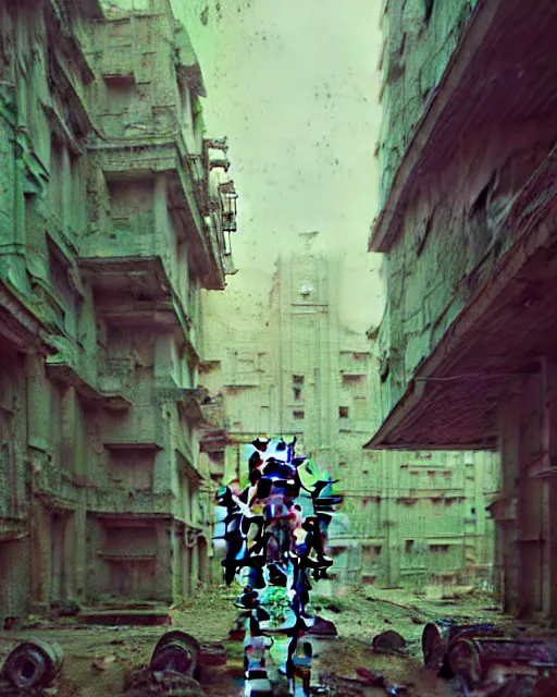 Image similar to hyperrealistic highly detailed exoskeleton baroque mecha iridescent pink brutalist city ruins background concept art santiago caruso de chirico sharp very dramatic green light 8k low angle shallow depth of field