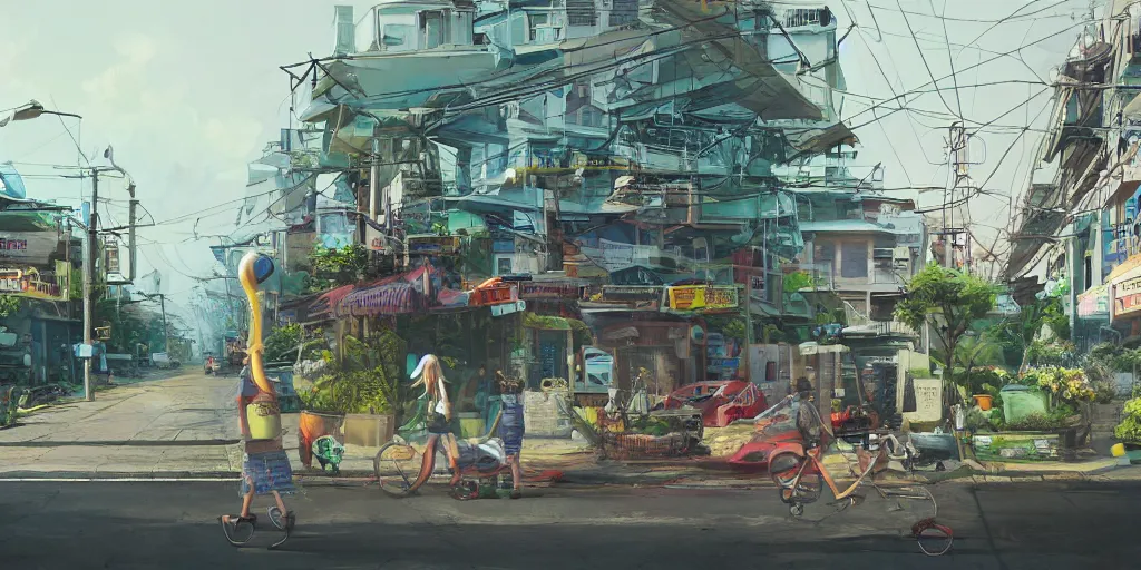 Image similar to a bangkok seaside street view with a giant weird creaturesimon stalenhag, highly detailed, digital art, realistic, trending on artstation, 4 k