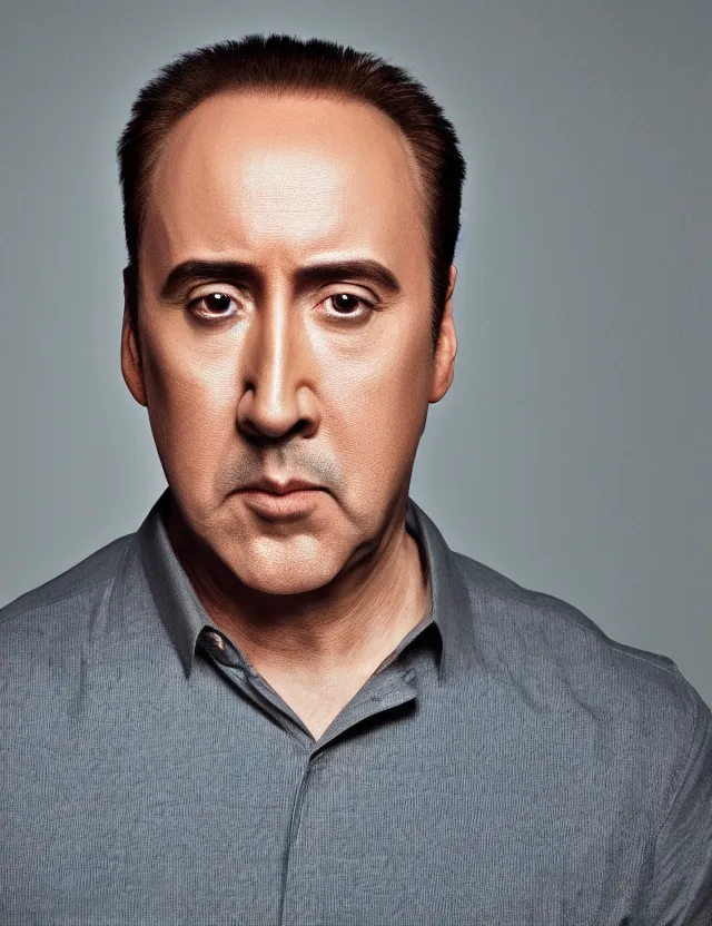 Image similar to portrait of bald nicolas cage neutral expression face straight on headshot even lighting no hair