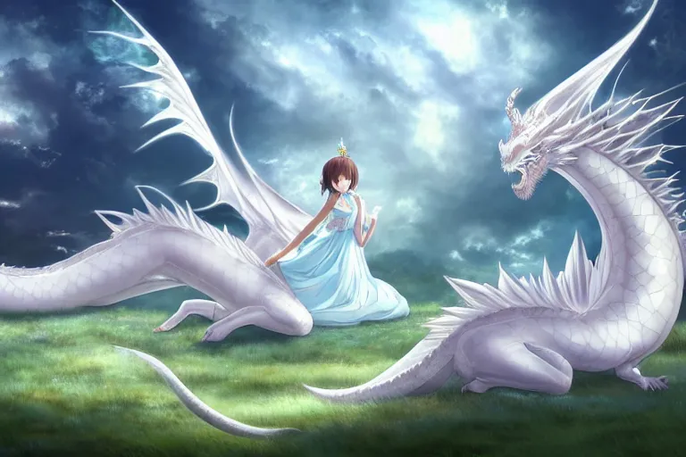 Image similar to a vast scene, panorama distant view, beautiful princess lie on the ground be surrounded snuggle by a huge silver white dragon, in the white clouds fairyland center, anime key visual of white dragon and girl, finely detailed perfect face delicate, distant lens, style of raphael lacoste, trending on pixiv fanbox, james jean, studio ghibli, xision